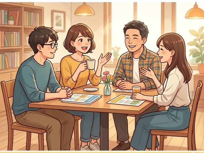 参加者同士でテーブルを囲み、ゆっくり話しているイメージ